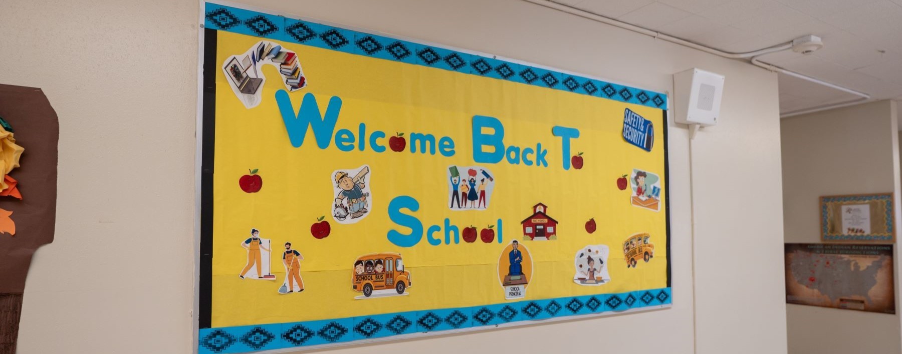 hallway bulletin board with welcome back to school